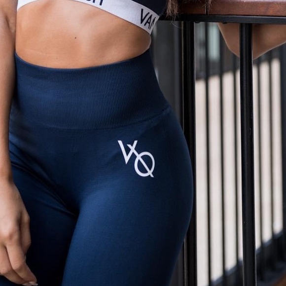 Vanquish Fitness Navy Blue Mesh Pocket Sides HiRise Activewear Leggings NWOT XS - Picture 1 of 15